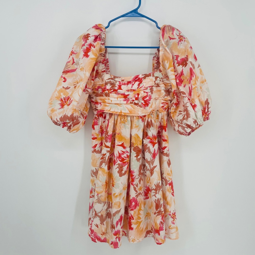 Abercrombie & Fitch Floral Puff Sleeve Pleated Mini Dress Orange Pink size XS - Picture 2 of 14